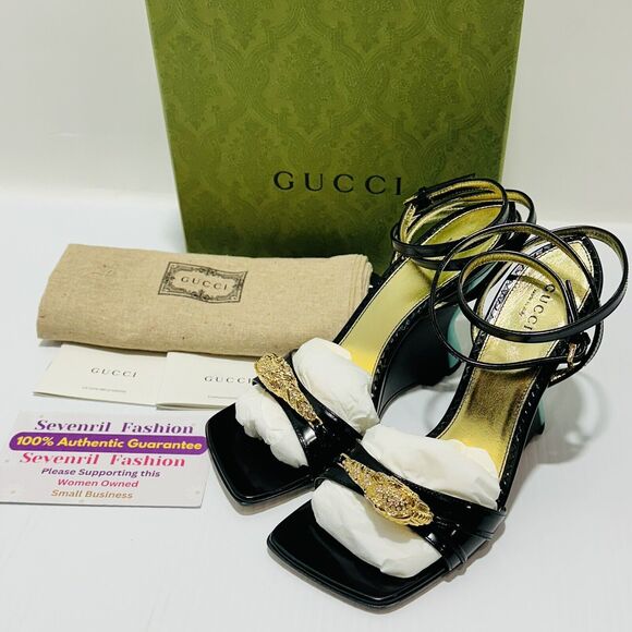 Gucci 37/ US 7 Two-Toned Dora Embellished Crystal Wedge Black Sandals NIB $1,250 - Picture 4 of 12